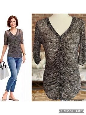 CAbi Top Animal Print Ruched Black Beige Sheer M Whimsigoth Coquette